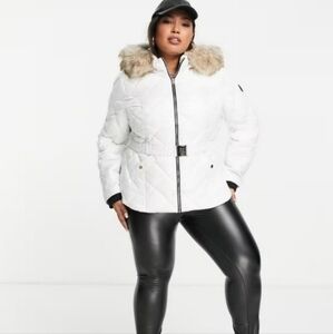 River Island Plus padded puffer jacket with faux fur hood in whit